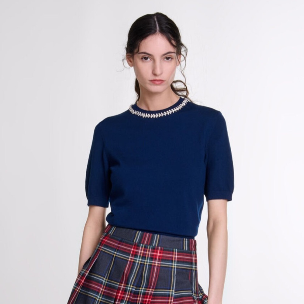 CASHMERE Sweater Top Short Sleeve‎ Blouse Rhinestone Embellished Neckline Black